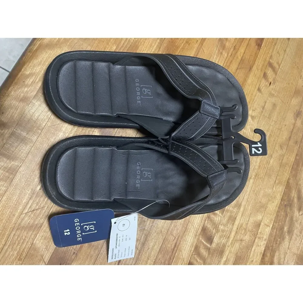 New George brand Men's black flip-flop thong sandals size 12